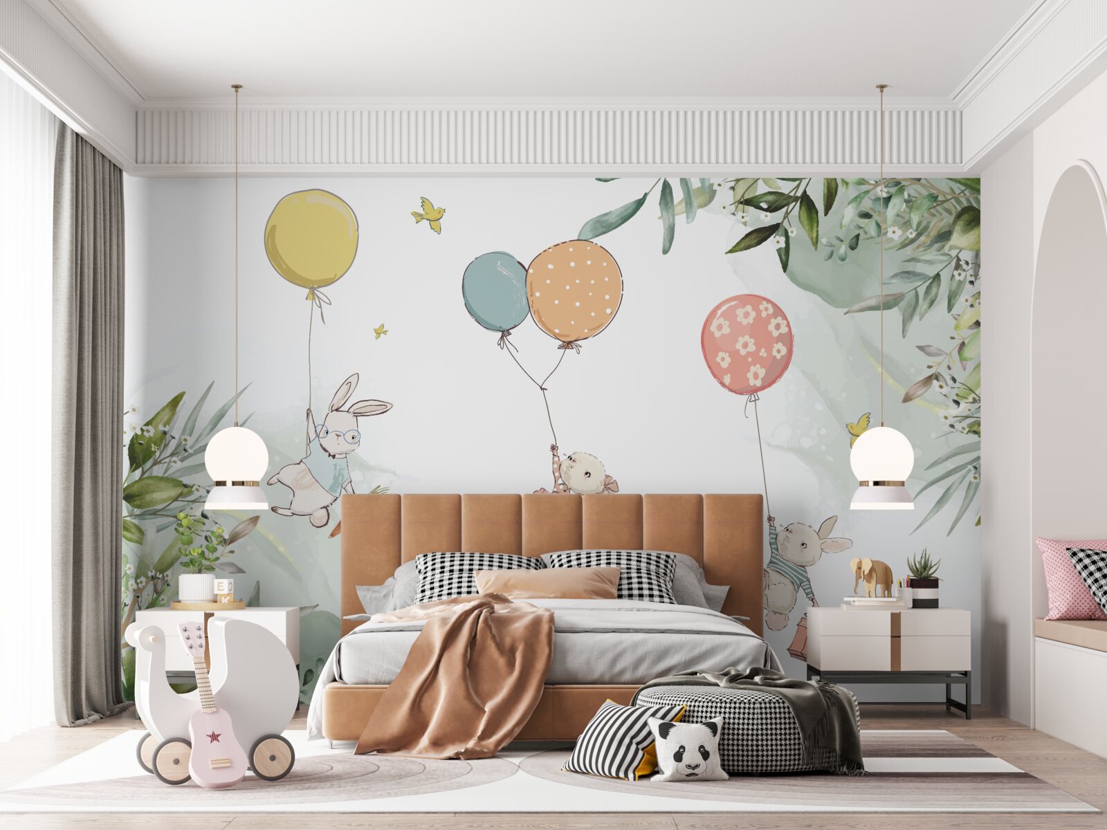 Fototapet iepuri care plutesc pe baloane