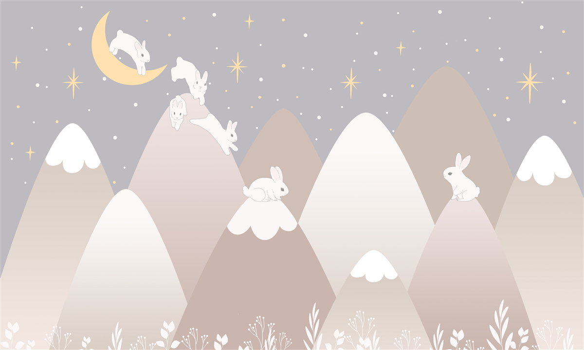 Fototapet munții pictați sunt locul de joacă al iepurașilor albi săritori