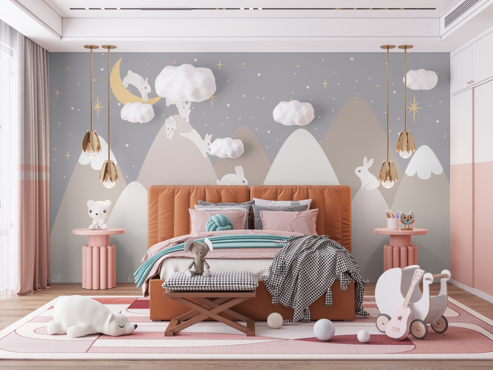 Fototapet munții pictați sunt locul de joacă al iepurașilor albi săritori