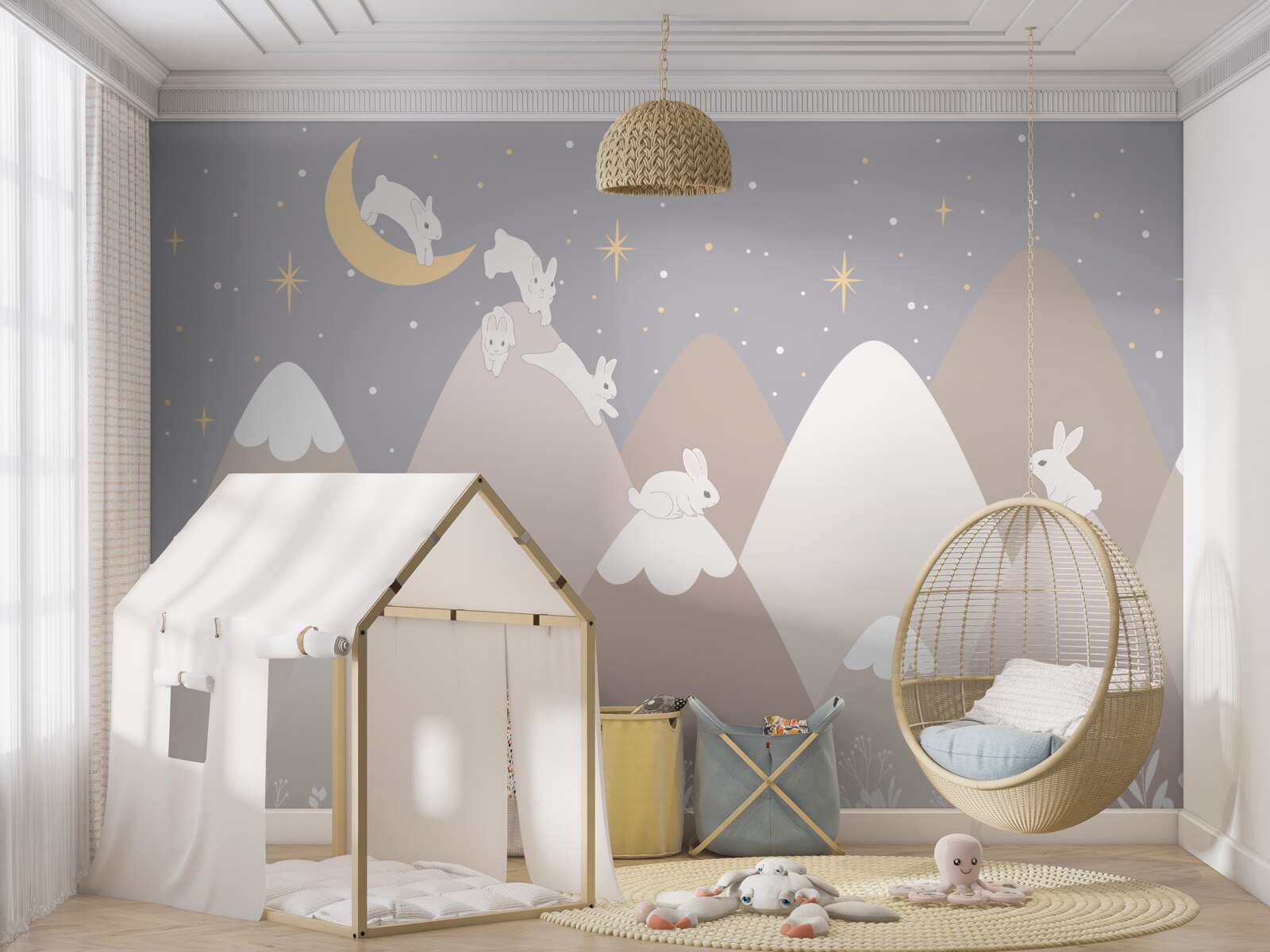 Fototapet munții pictați sunt locul de joacă al iepurașilor albi săritori