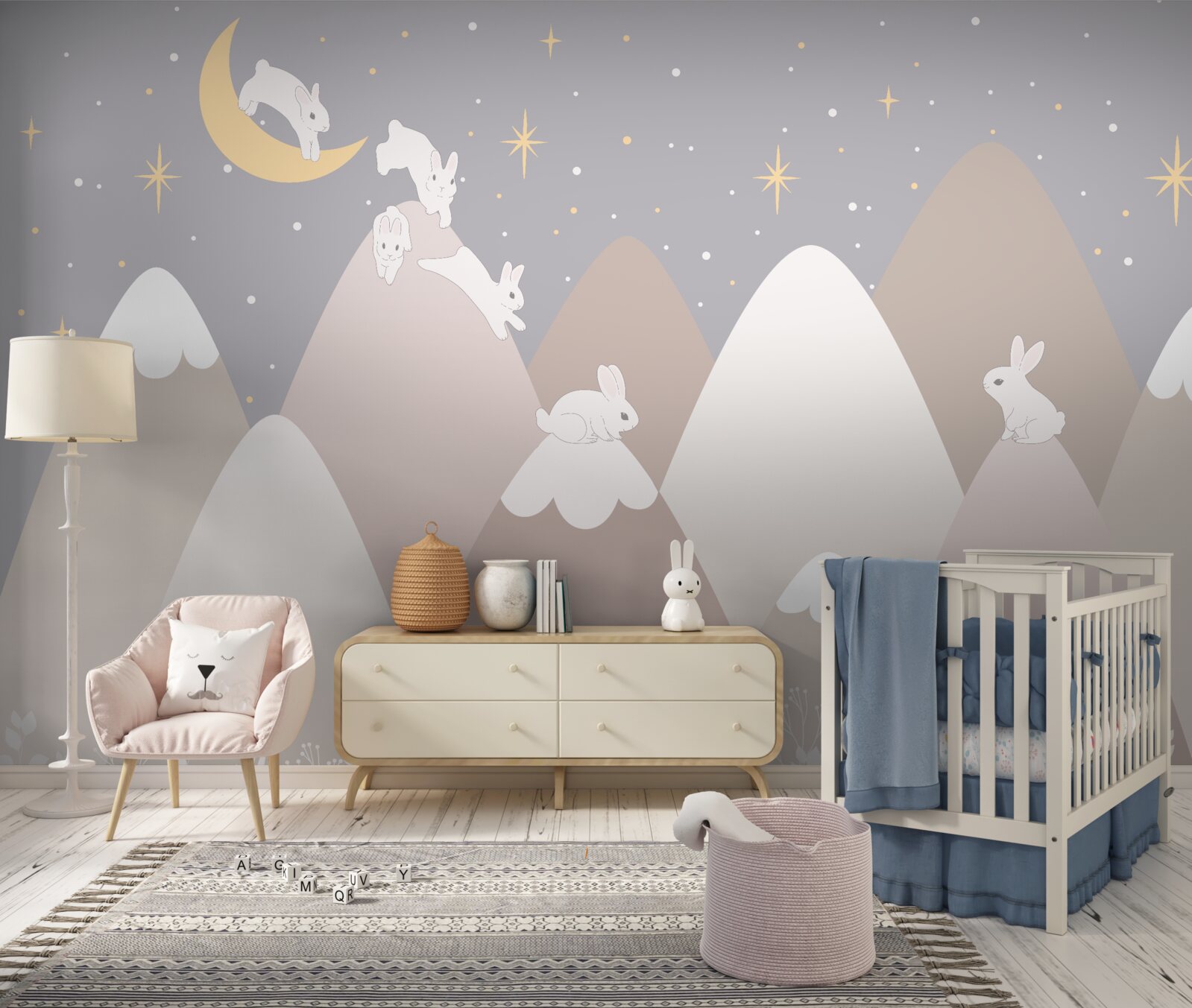 Fototapet munții pictați sunt locul de joacă al iepurașilor albi săritori