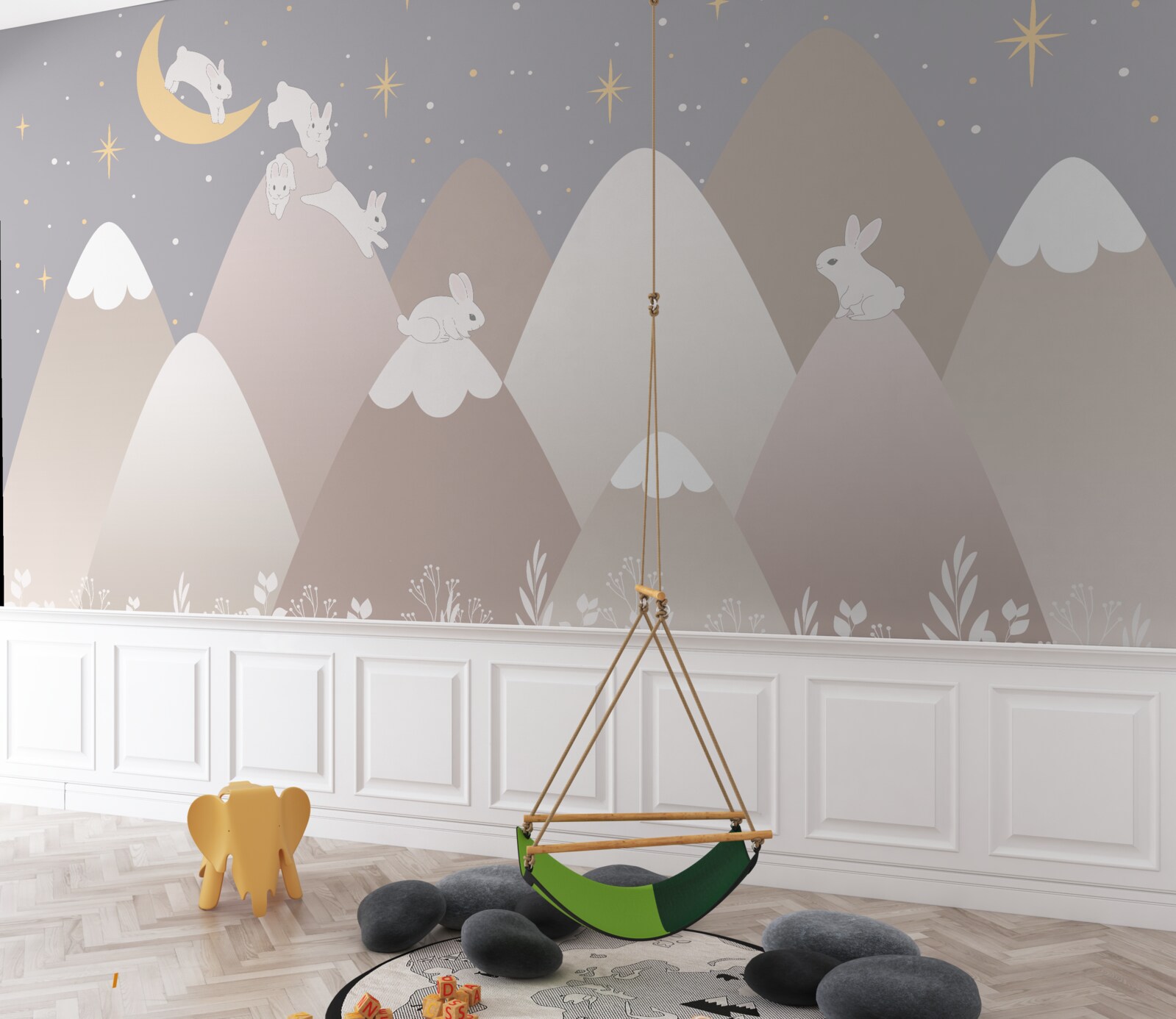 Fototapet munții pictați sunt locul de joacă al iepurașilor albi săritori