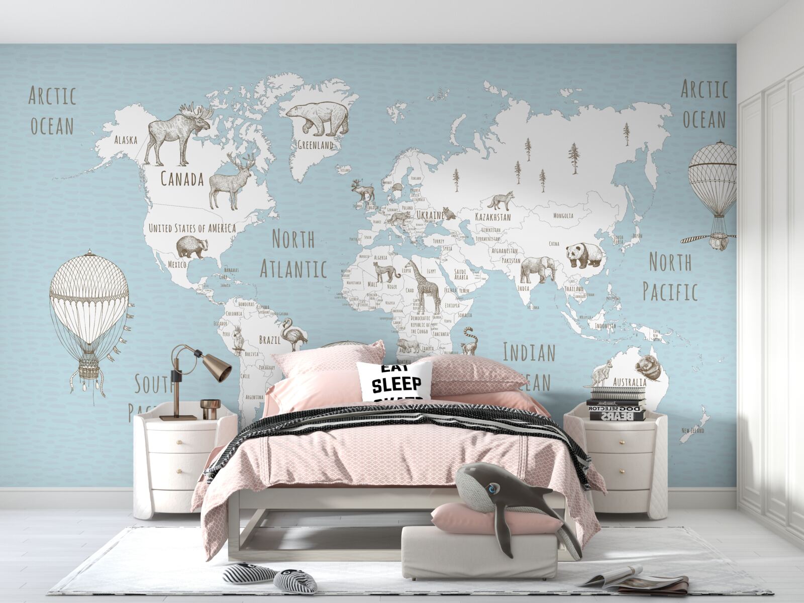 Fototapet glob reprezentând animale și obiecte zburătoare