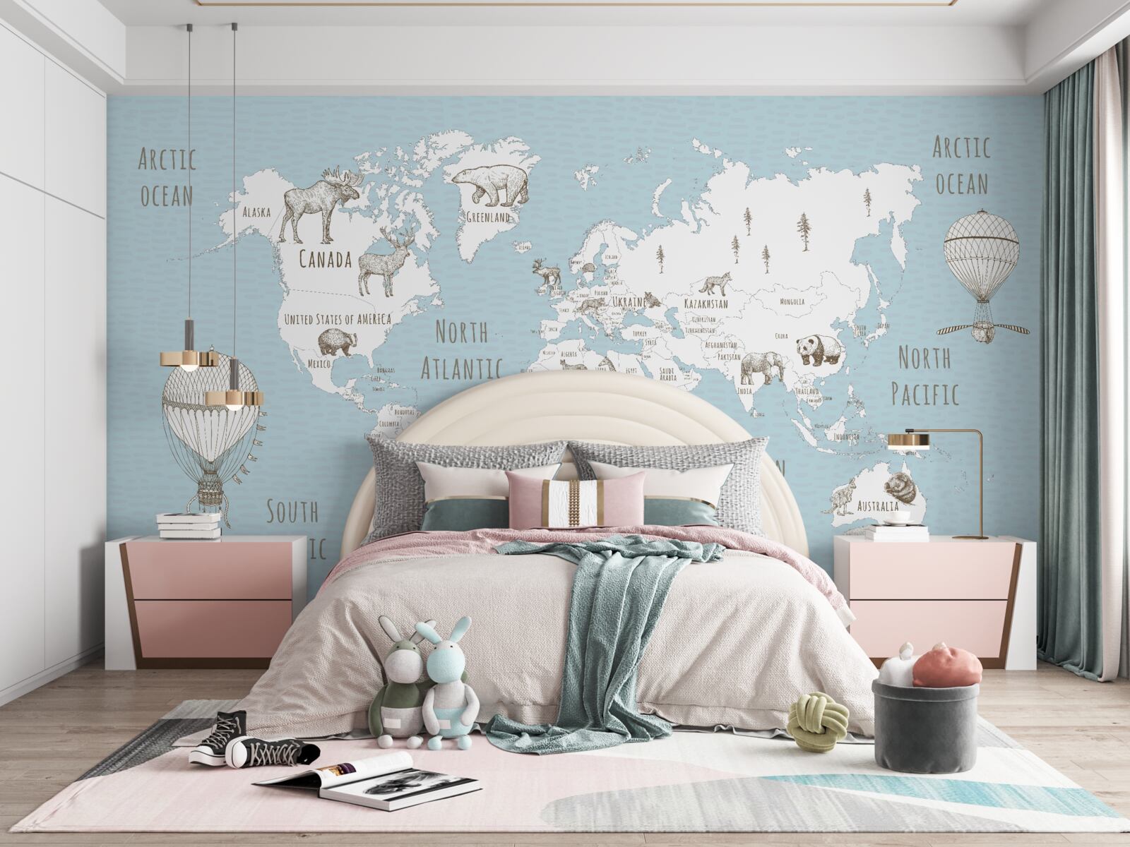 Fototapet glob reprezentând animale și obiecte zburătoare