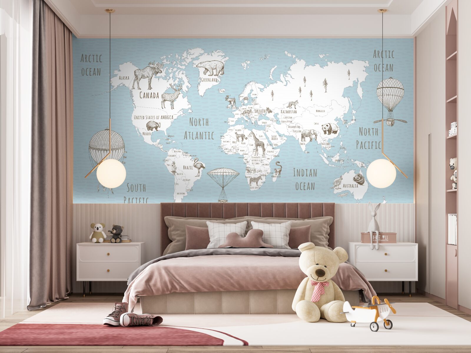 Fototapet glob reprezentând animale și obiecte zburătoare