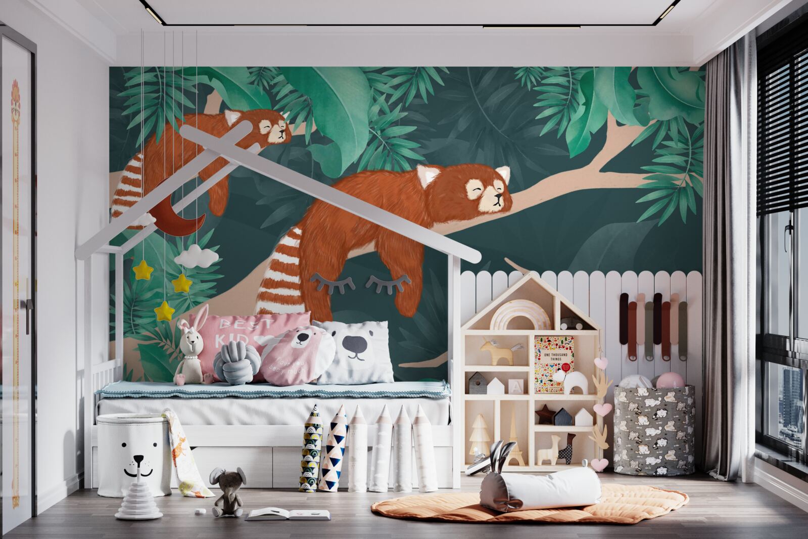 Fototapet pandas portocalii odihnindu-se pe ramuri