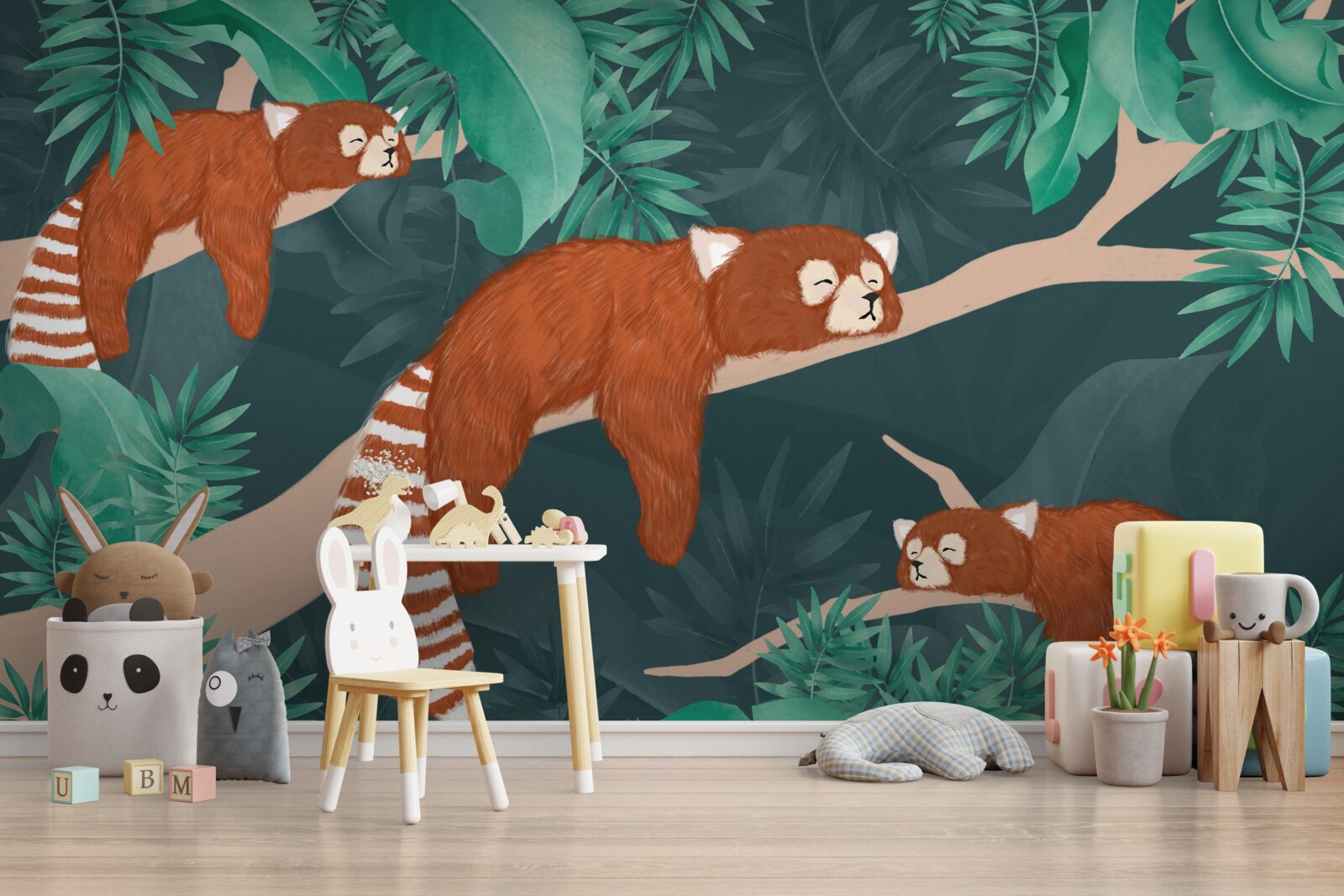 Fototapet pandas portocalii odihnindu-se pe ramuri