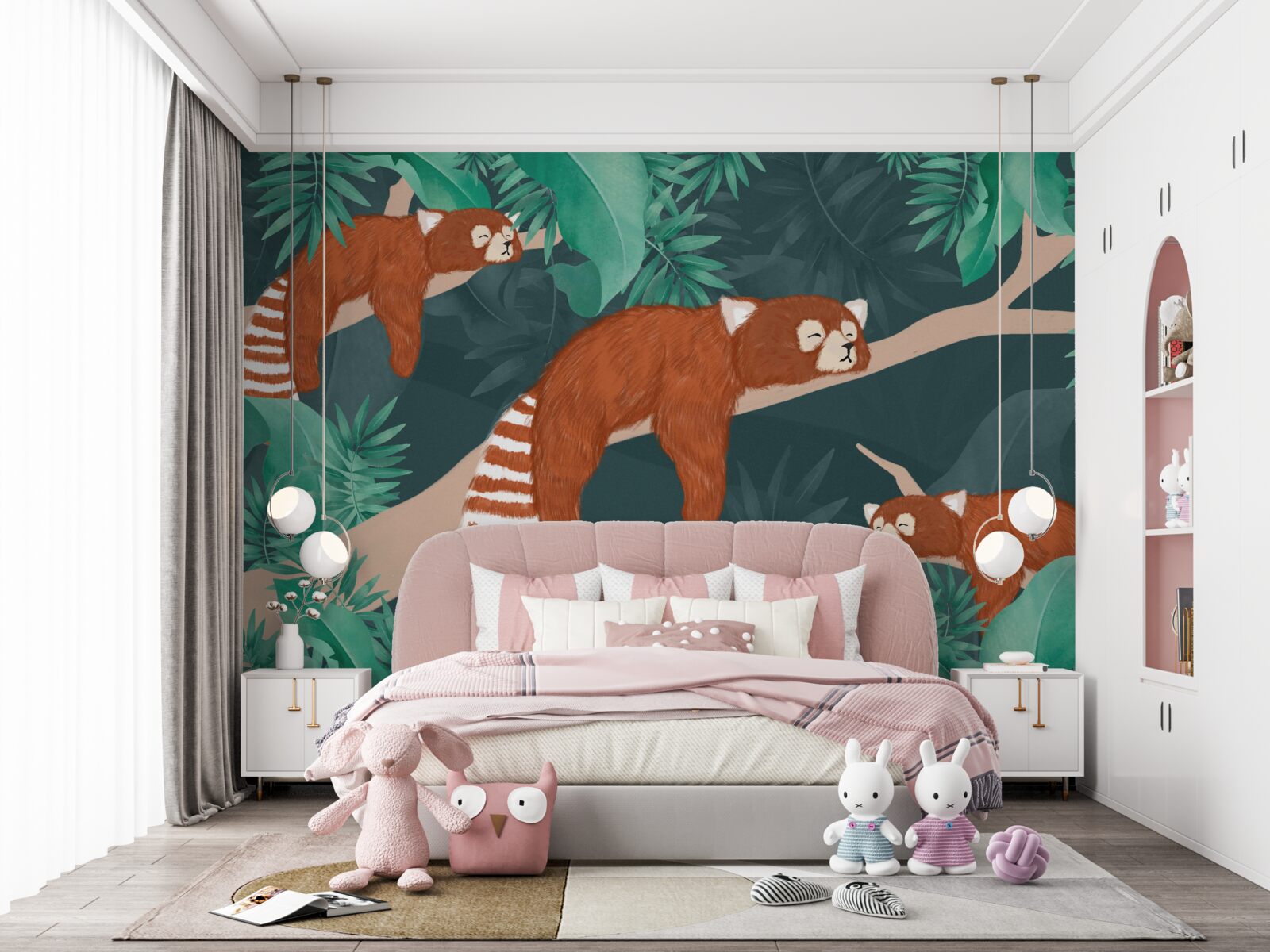 Fototapet pandas portocalii odihnindu-se pe ramuri