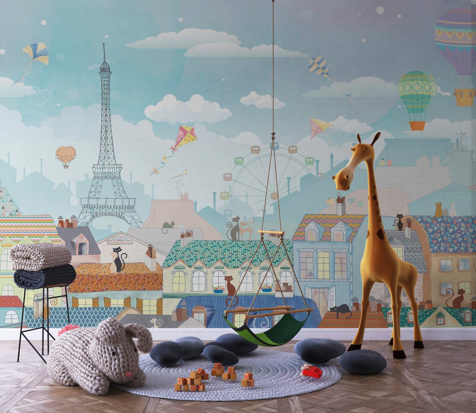 Fototapet Peisajele pariziene atrag atenția pisicilor de pe acoperișuri