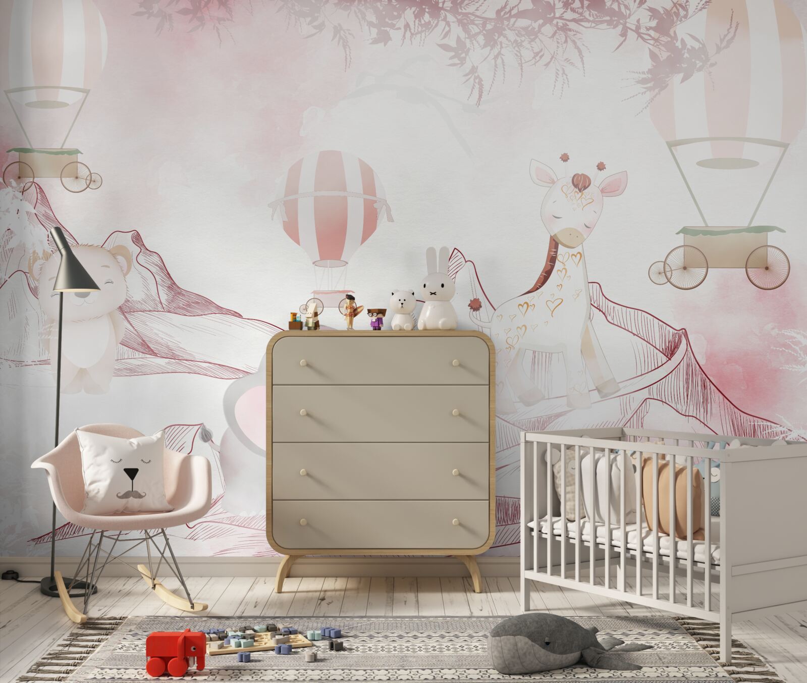 Fototapet animale roz strălucitor și bile zburătoare