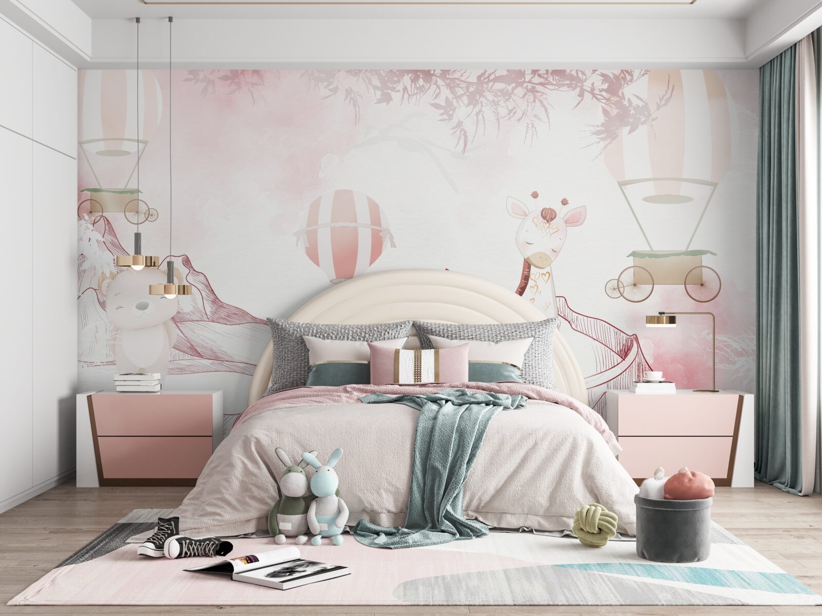 Fototapet animale roz strălucitor și bile zburătoare