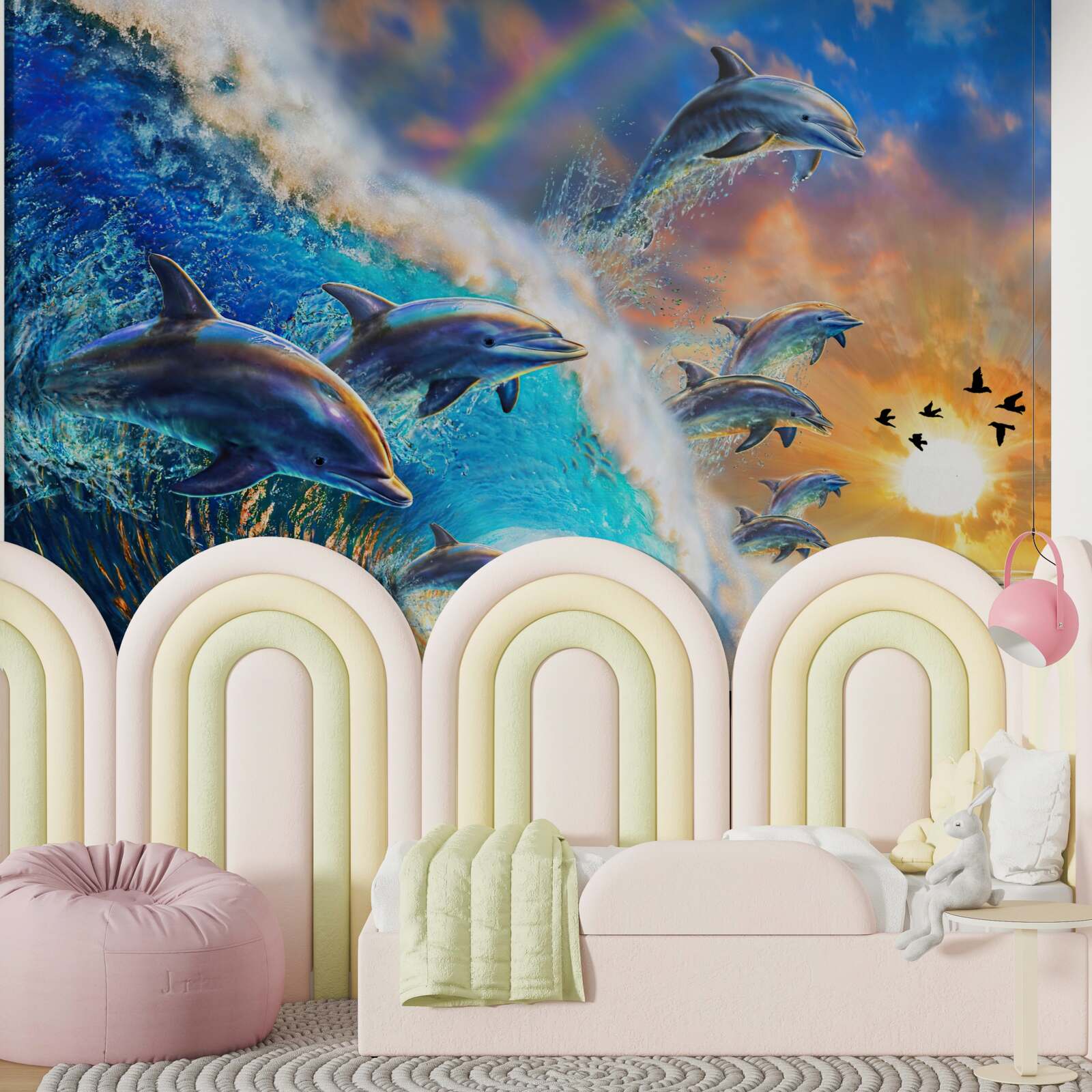 Fototapet la apusul soarelui, delfinii ies din apă