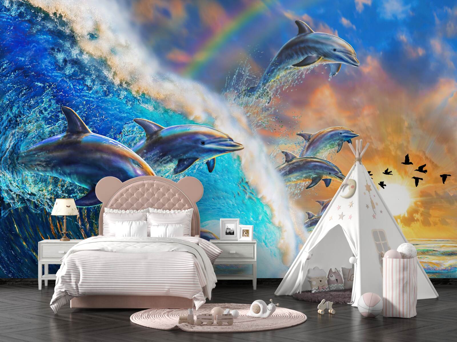 Fototapet la apusul soarelui, delfinii ies din apă