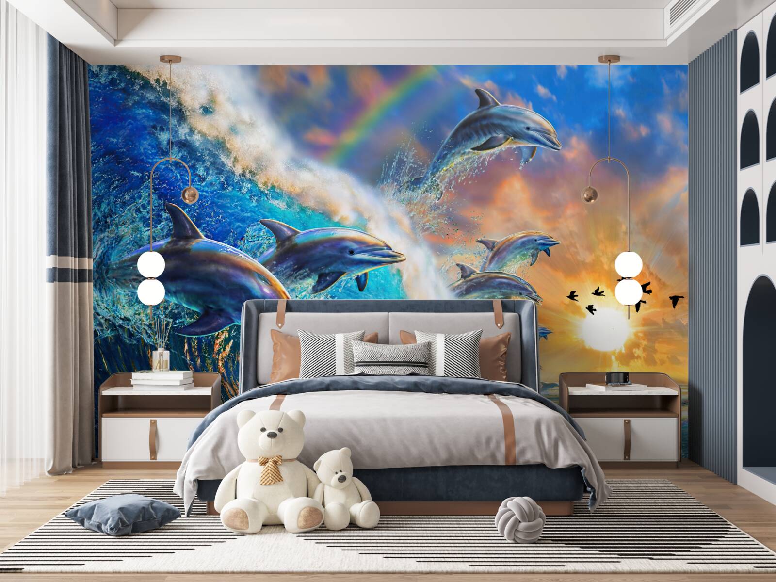 Fototapet la apusul soarelui, delfinii ies din apă