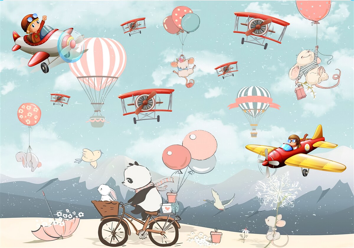 Fototapet bicicleta panda și alte animale zboară în jur