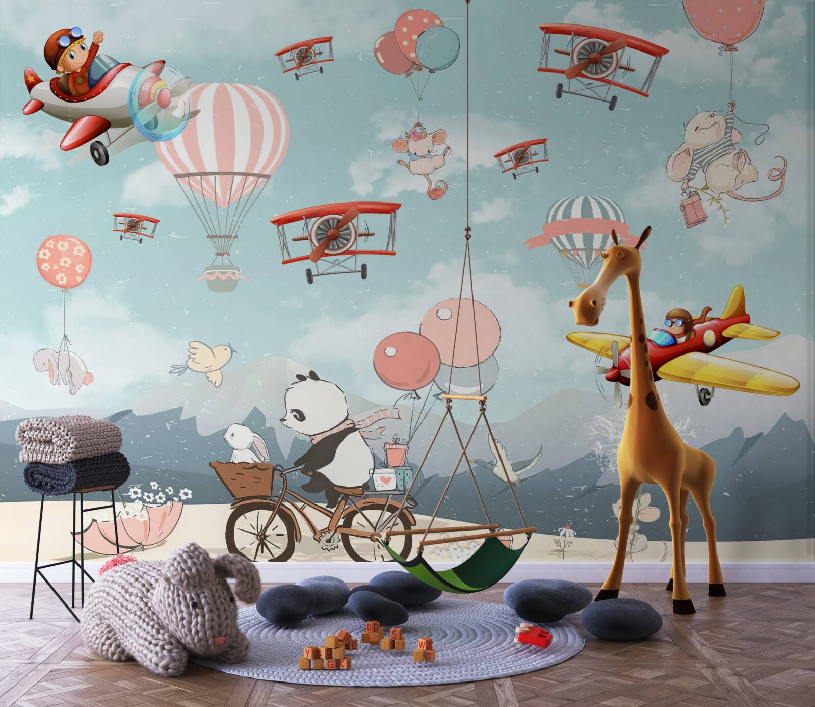 Fototapet bicicleta panda și alte animale zboară în jur