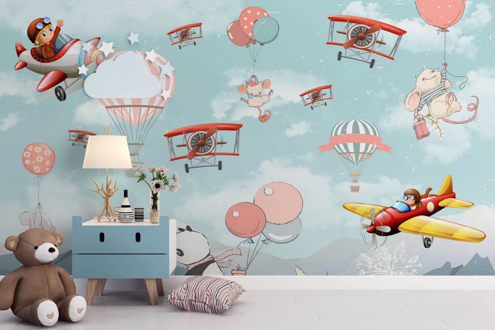 Fototapet bicicleta panda și alte animale zboară în jur