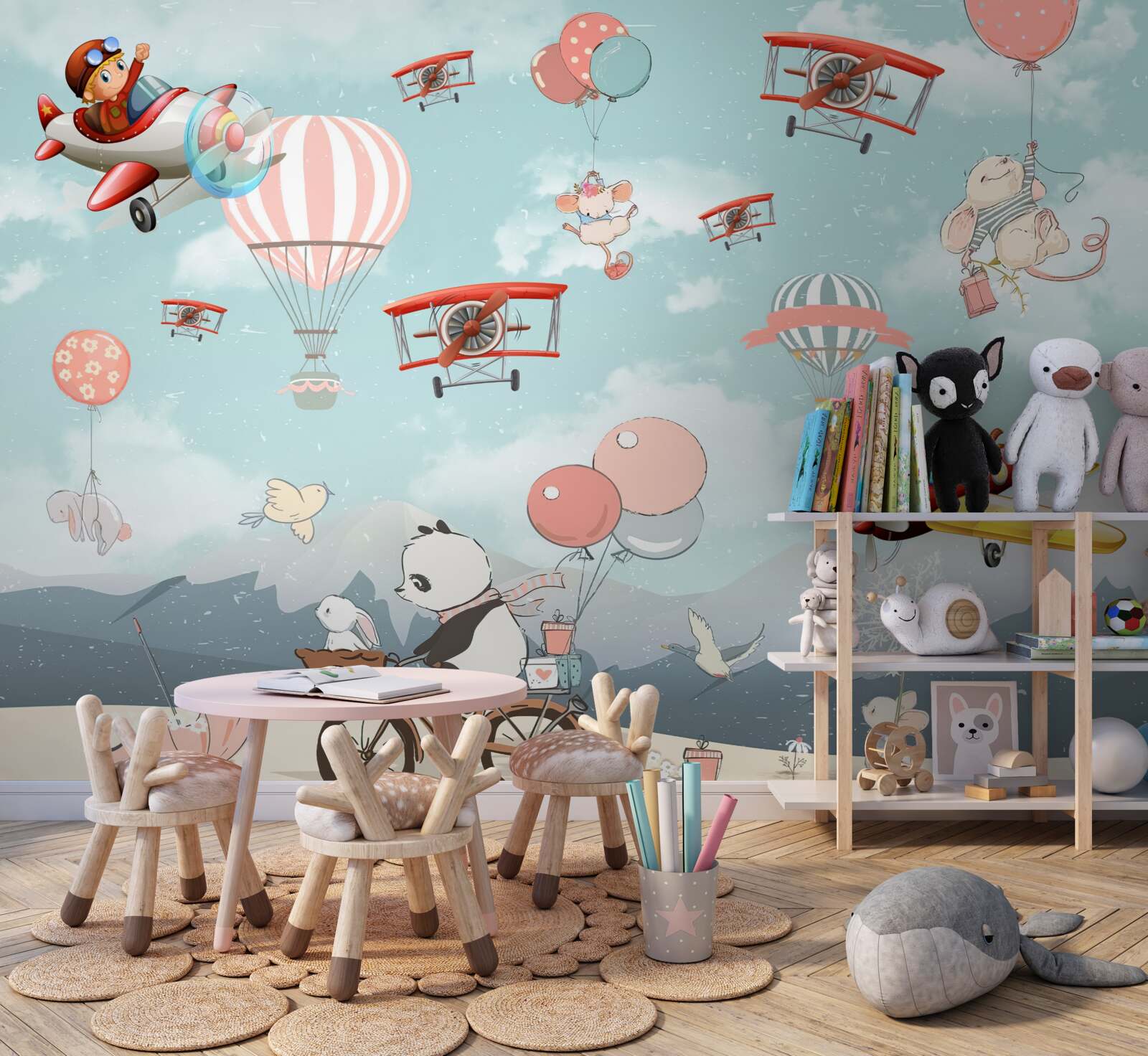 Fototapet bicicleta panda și alte animale zboară în jur