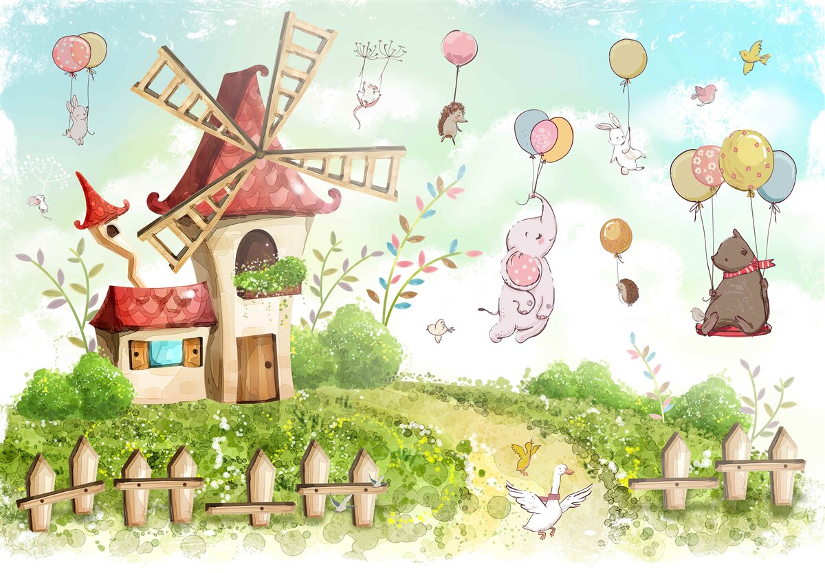 Fototapet creaturile plutesc deasupra solului în baloane