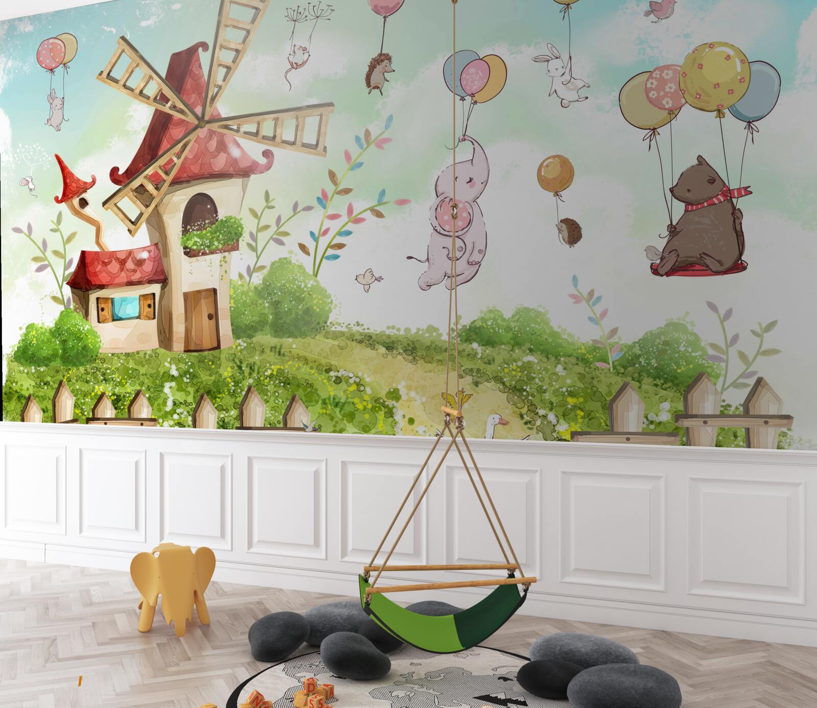 Fototapet creaturile plutesc deasupra solului în baloane