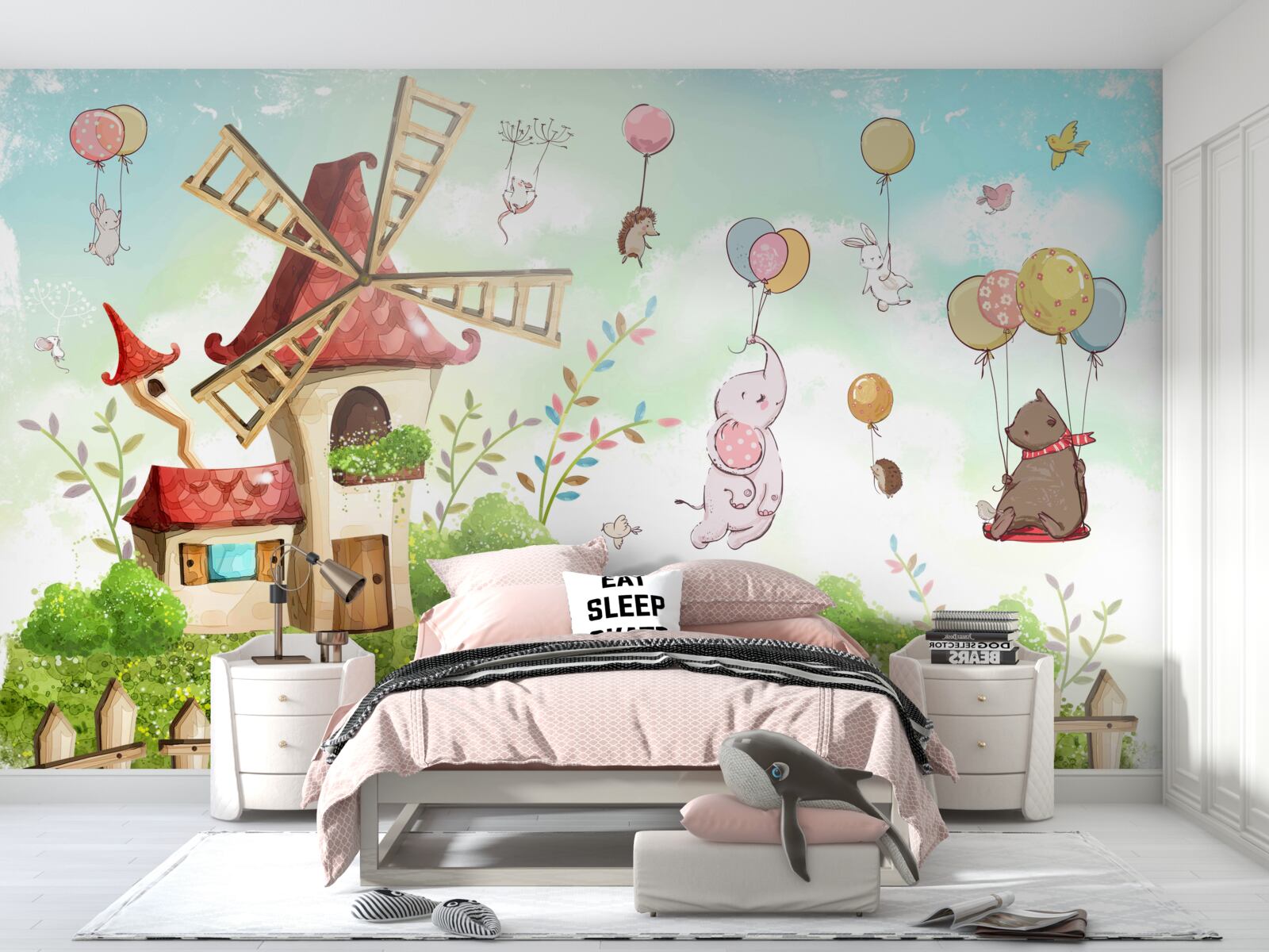 Fototapet creaturile plutesc deasupra solului în baloane