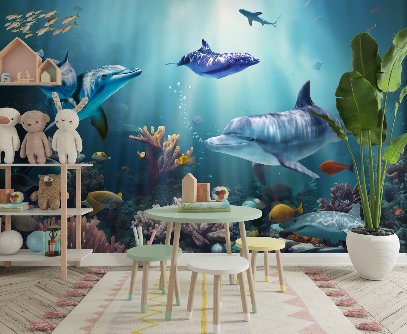 Fototapet peștii și delfinii înoată împreună