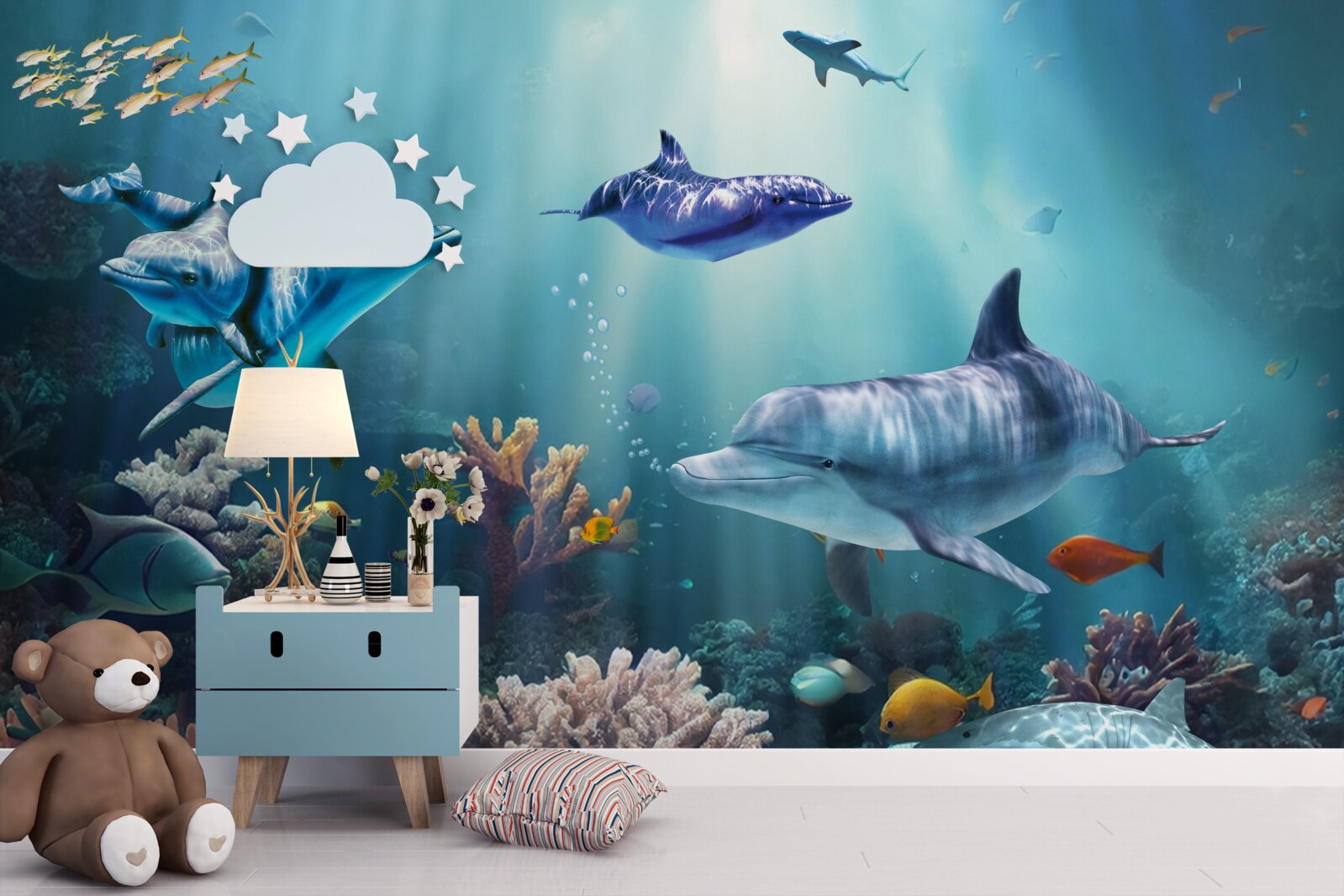 Fototapet peștii și delfinii înoată împreună