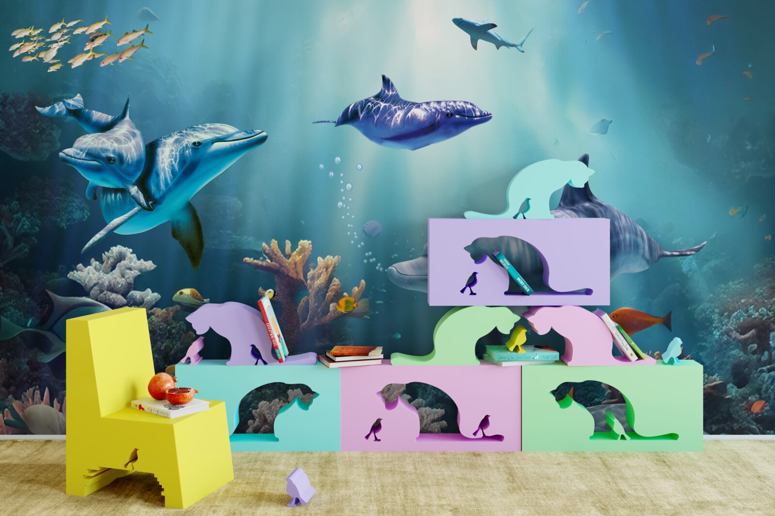 Fototapet peștii și delfinii înoată împreună