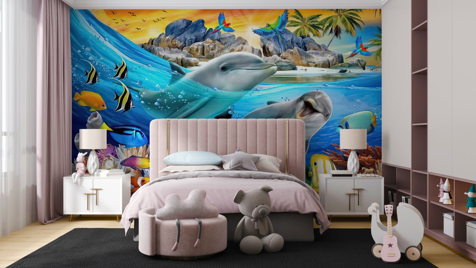 Fototapet delfinii înoată la suprafața apei