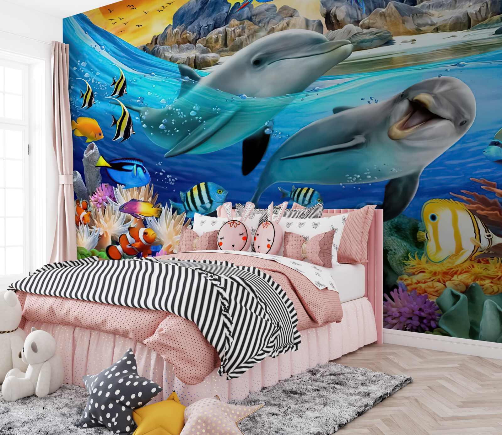 Fototapet delfinii înoată la suprafața apei