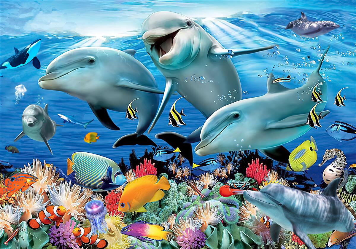 Fototapet delfinii și peștii zâmbesc sub apă
