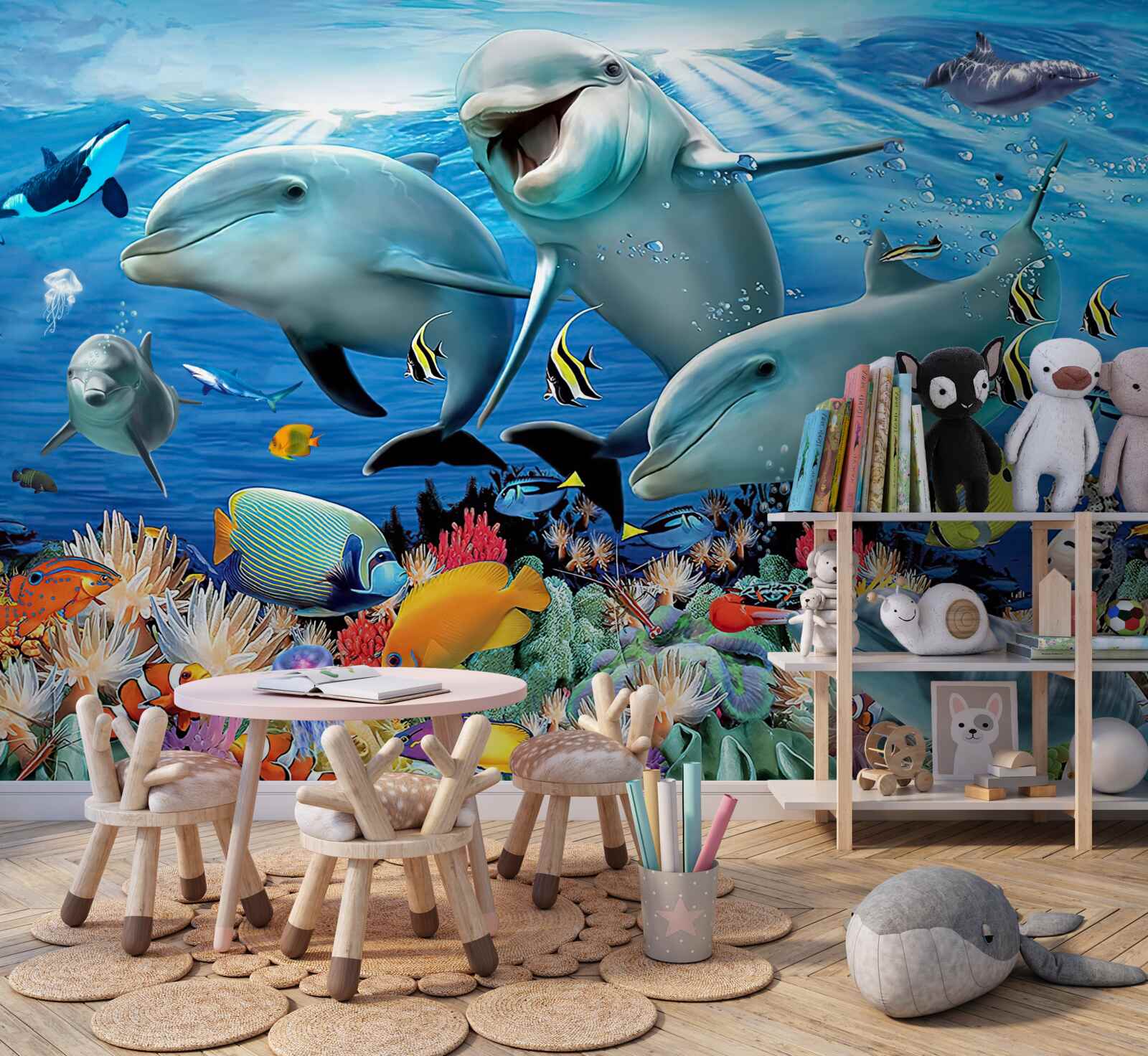 Fototapet delfinii și peștii zâmbesc sub apă