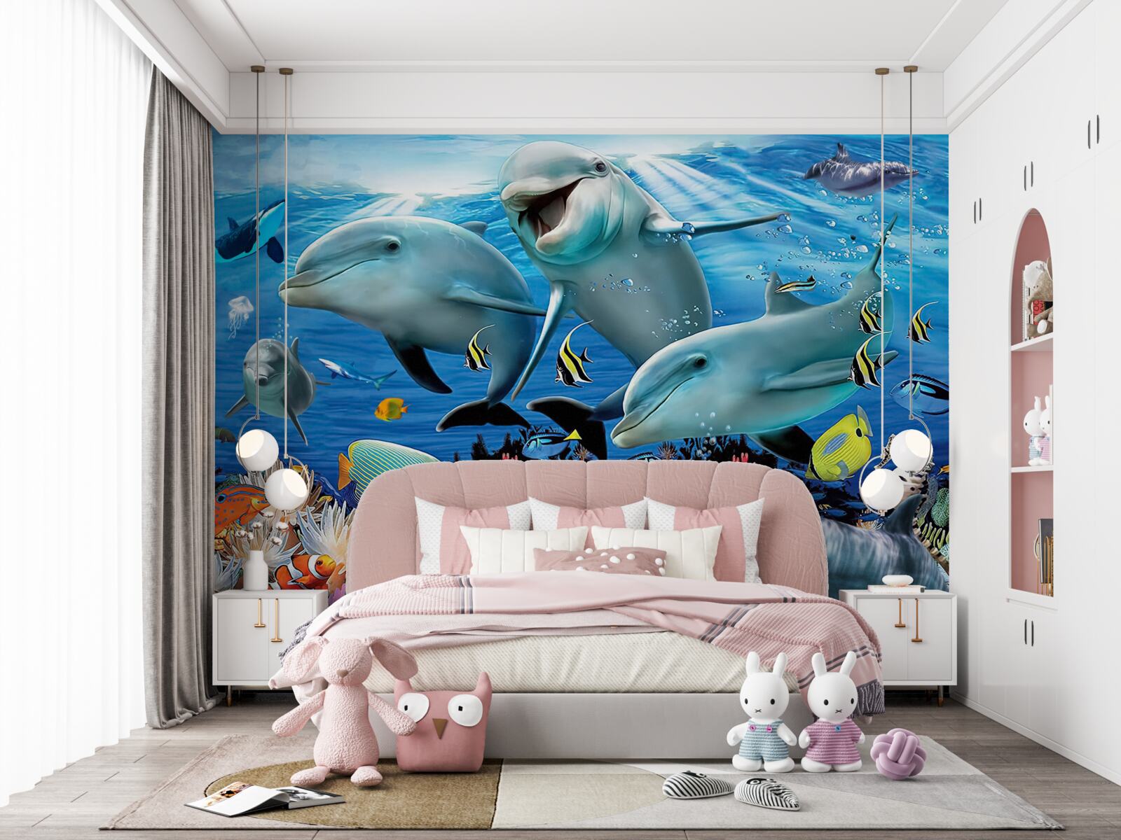 Fototapet delfinii și peștii zâmbesc sub apă