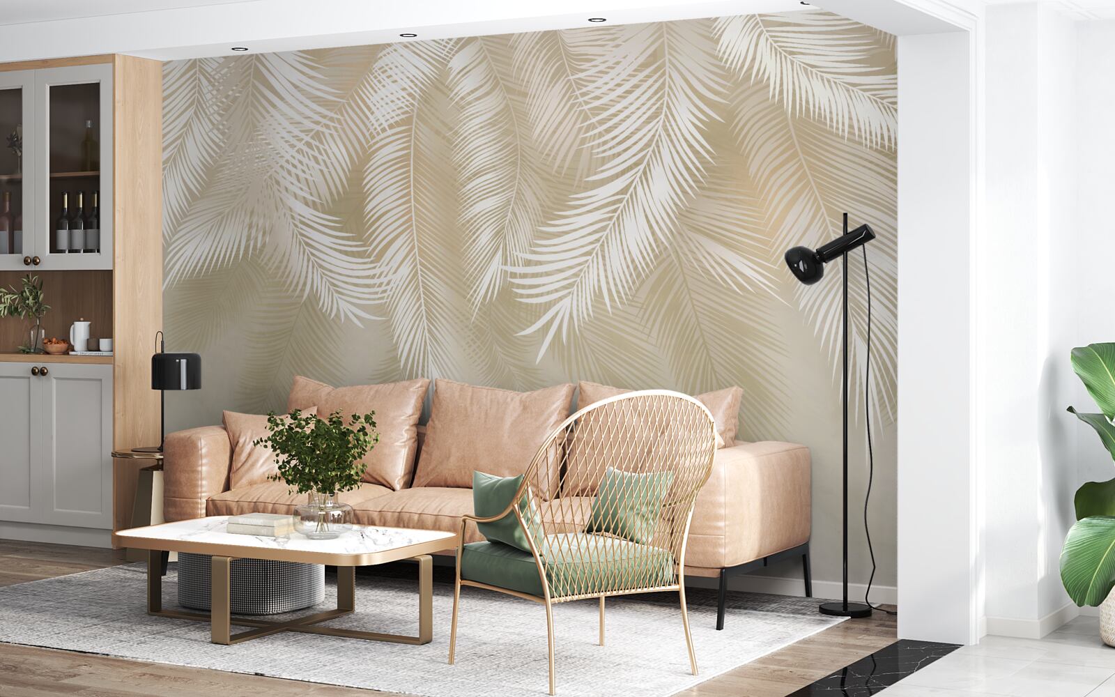 Fototapet frunzele de palmier sunt albe pe un fundal bej