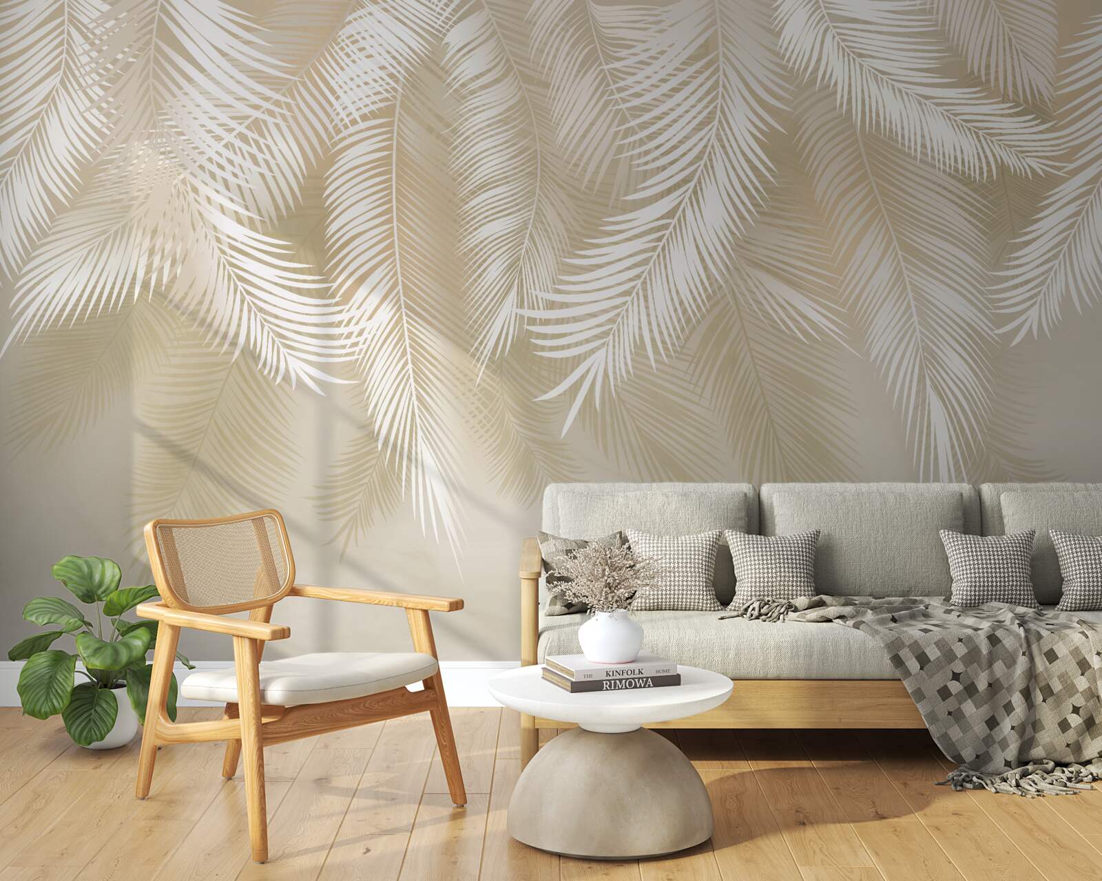 Fototapet frunzele de palmier sunt albe pe un fundal bej