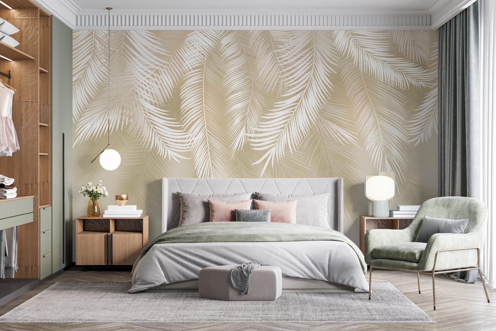 Fototapet frunzele de palmier sunt albe pe un fundal bej