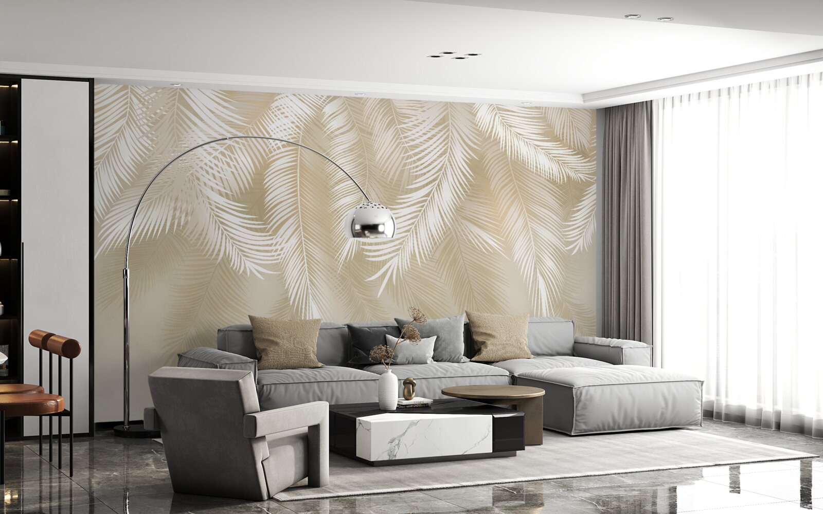 Fototapet frunzele de palmier sunt albe pe un fundal bej