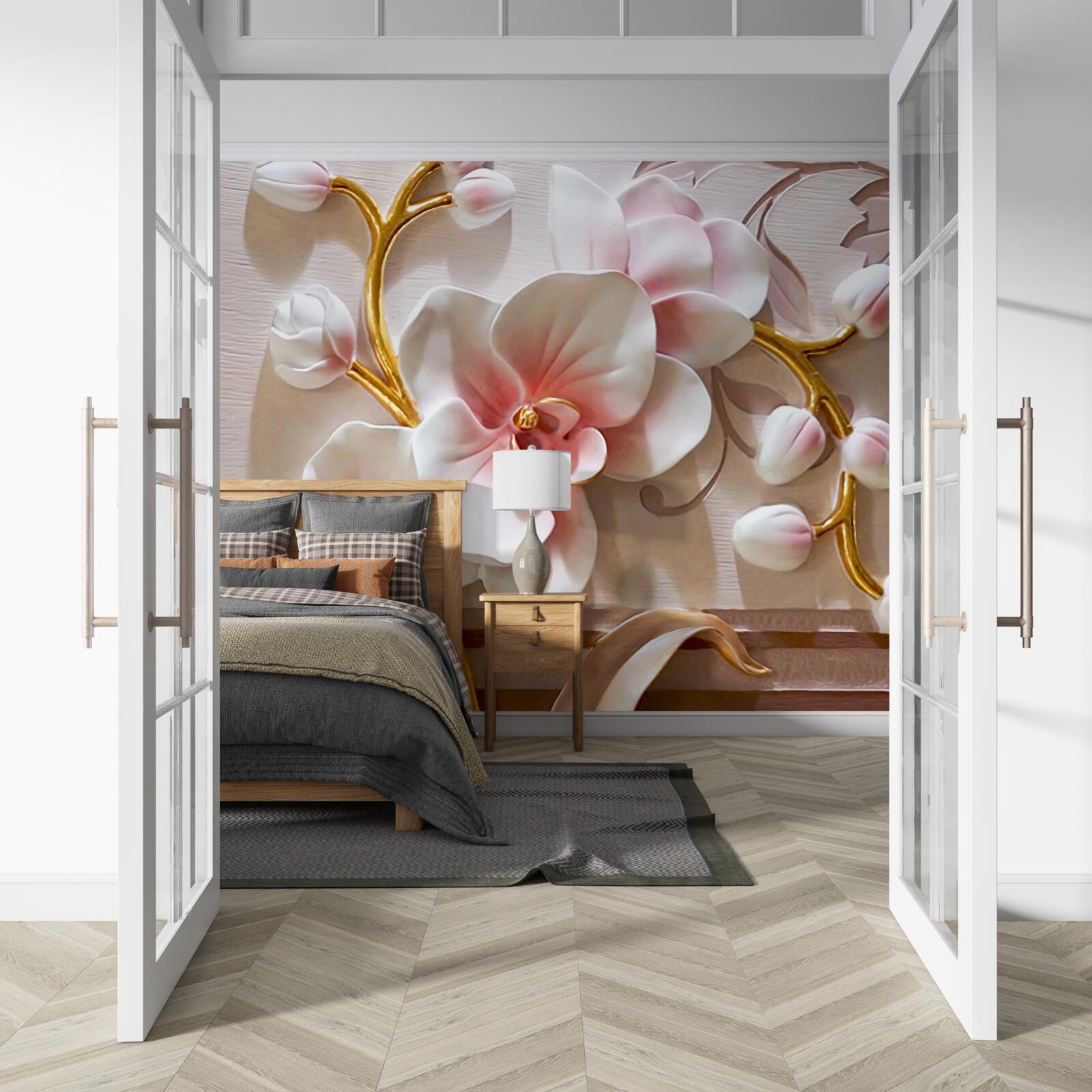 Fototapet muguri uriași de orhidee roșii și albe