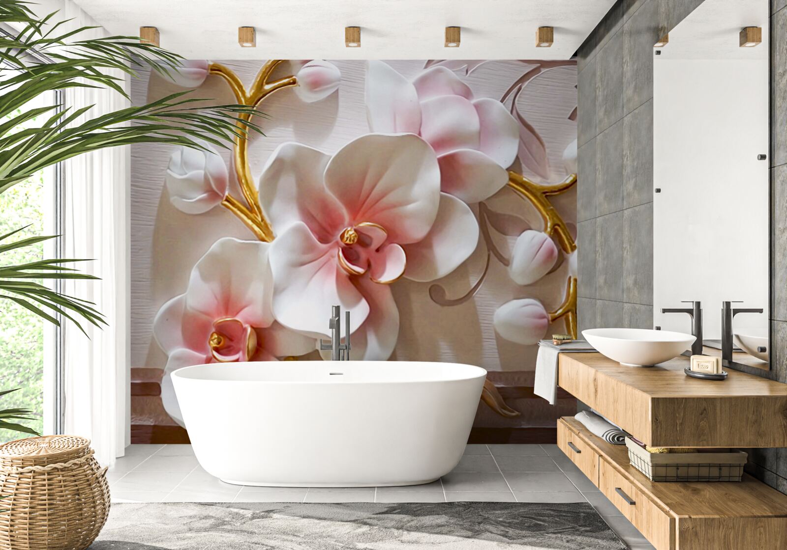 Fototapet muguri uriași de orhidee roșii și albe