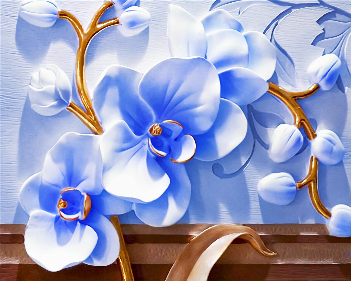 Fototapet orhidee în culoarea cerului pe ramuri decorate cu aur