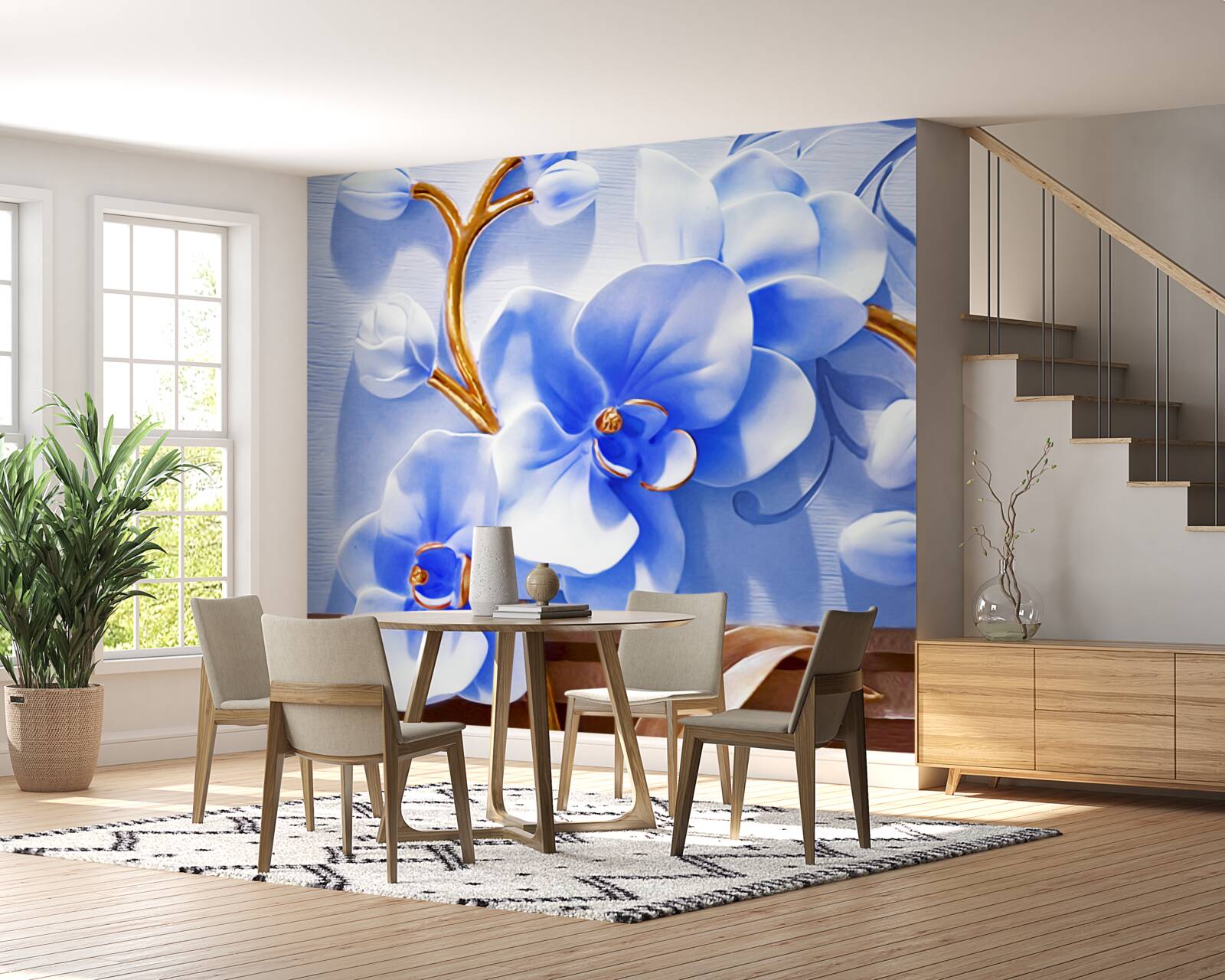 Fototapet orhidee în culoarea cerului pe ramuri decorate cu aur