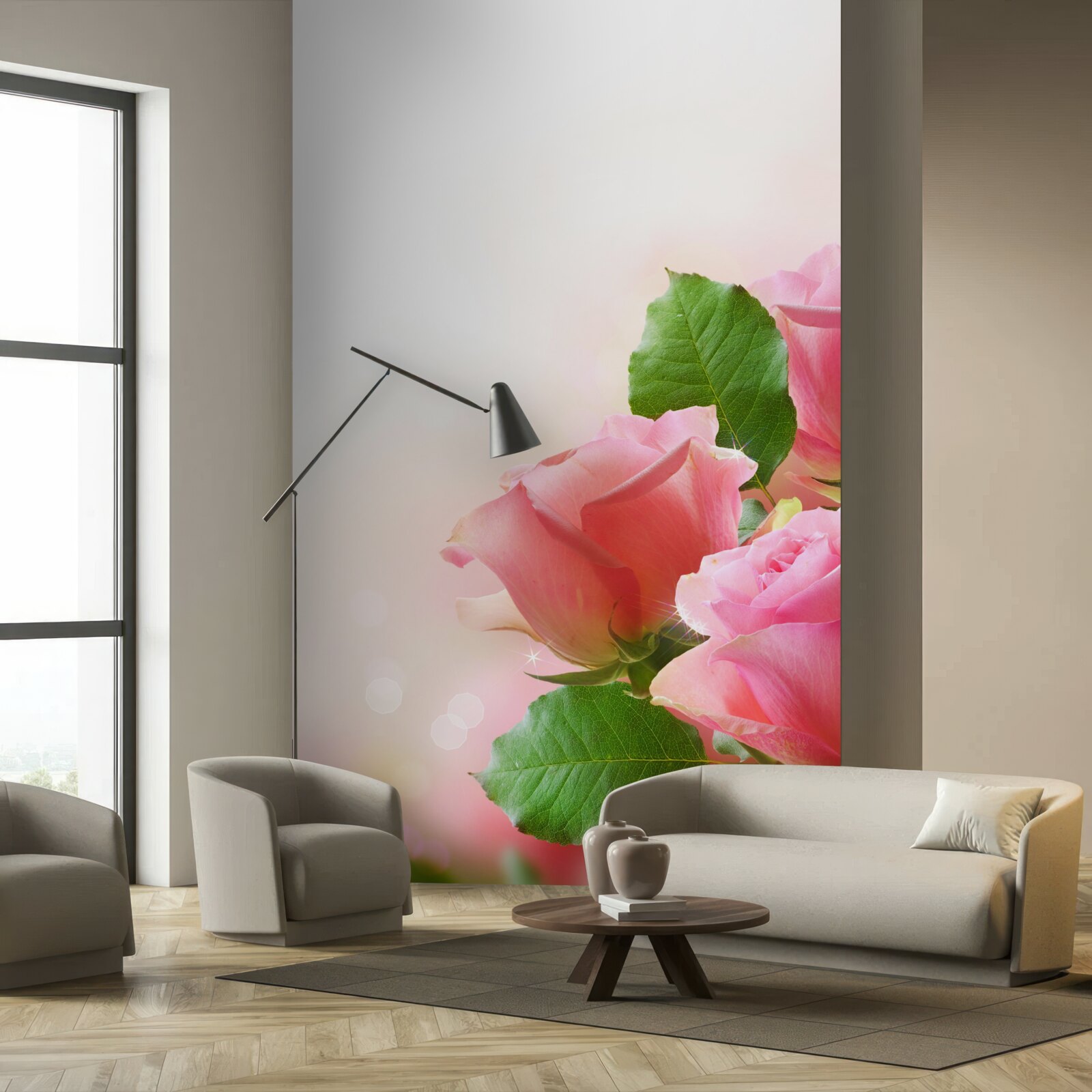 Fototapet trandafiri rosii cu frunze verzi