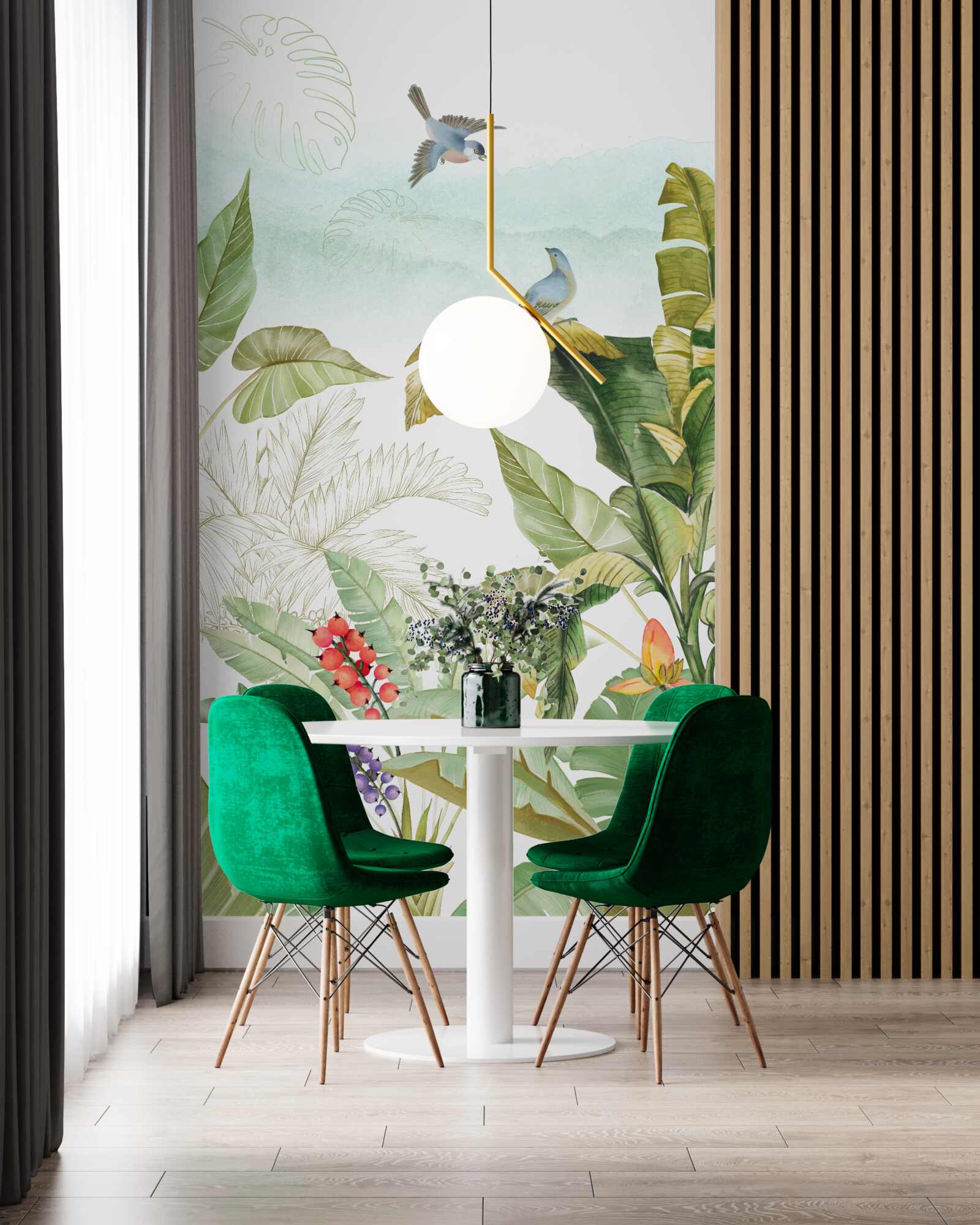 Fototapet păsărilor le place să se odihnească pe frunze tropicale