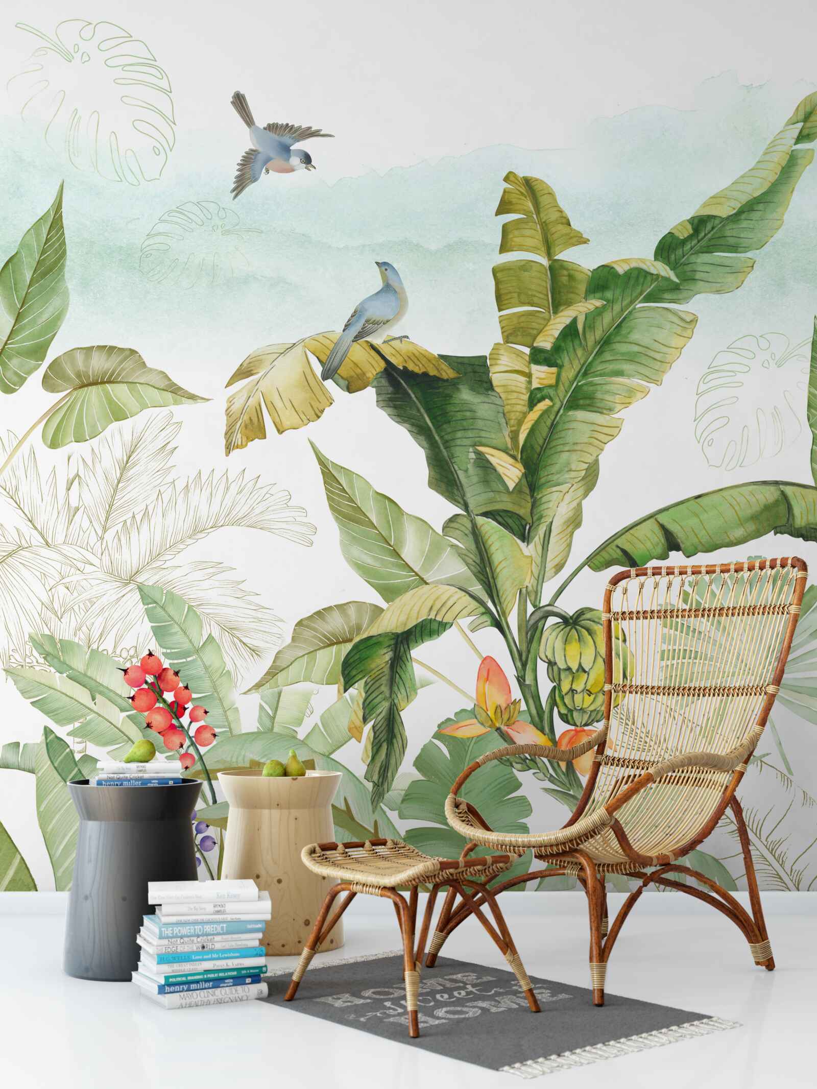 Fototapet păsărilor le place să se odihnească pe frunze tropicale