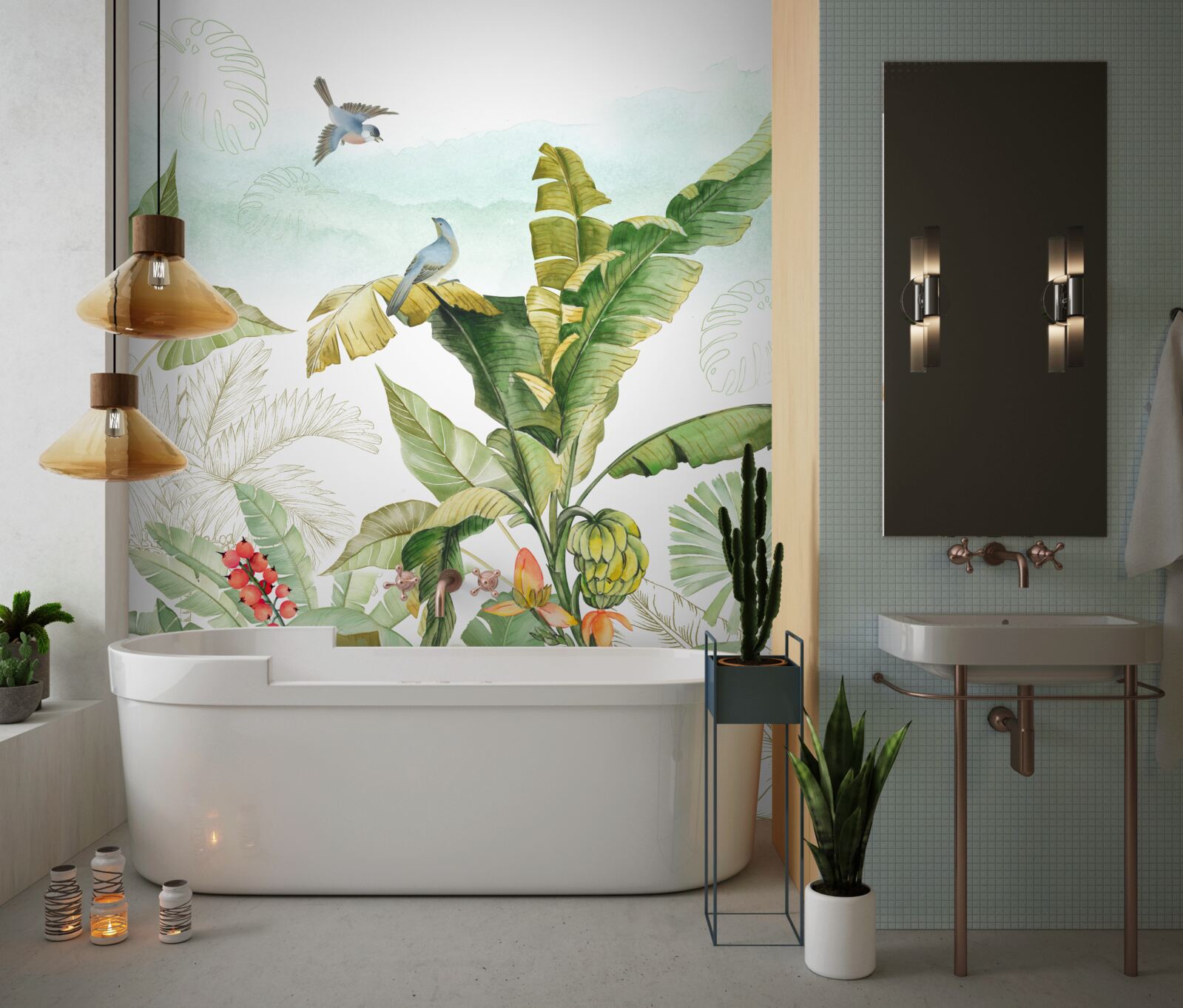 Fototapet păsărilor le place să se odihnească pe frunze tropicale