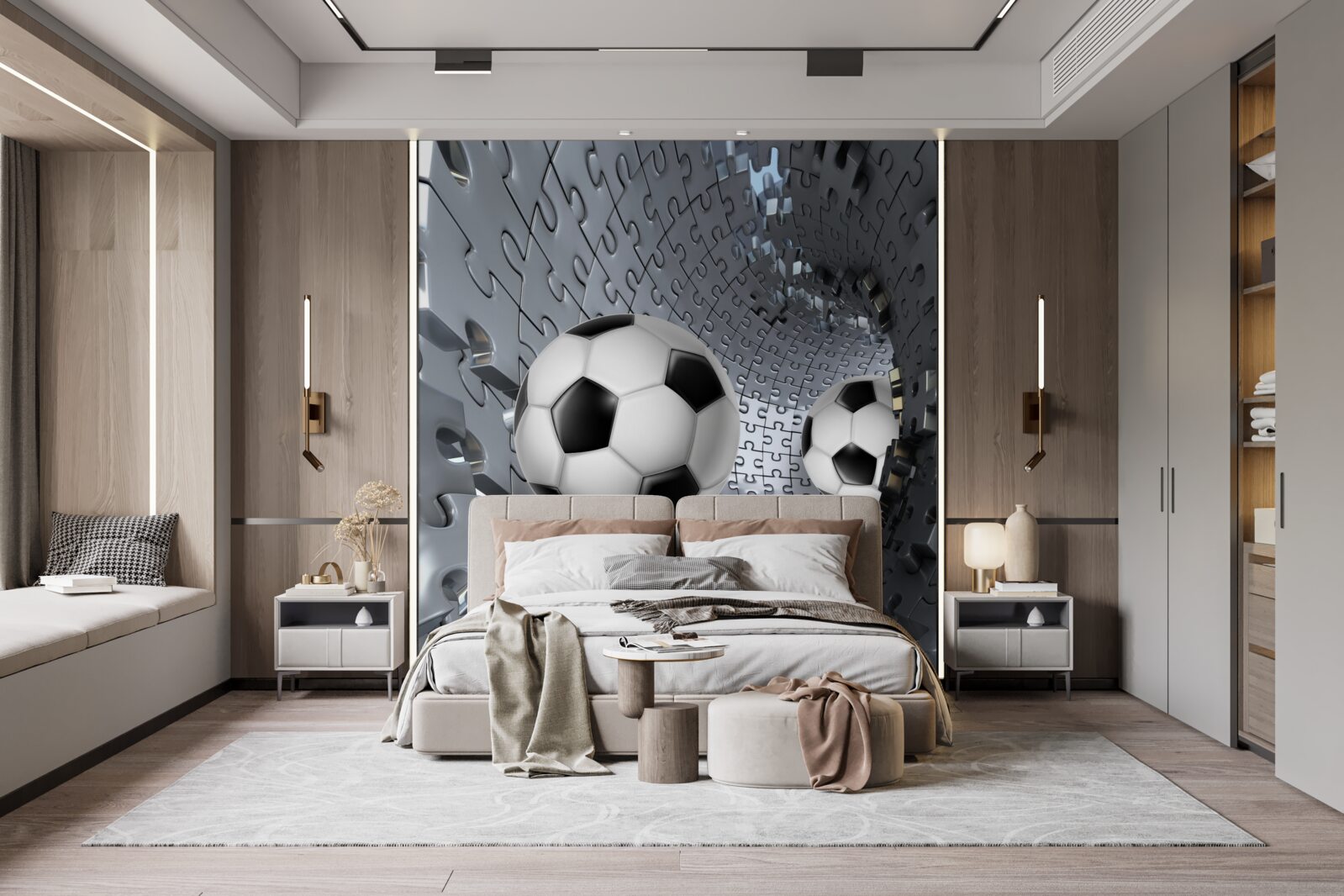 Fototapet fragmente ale mozaicului vortex înconjoară o minge de fotbal