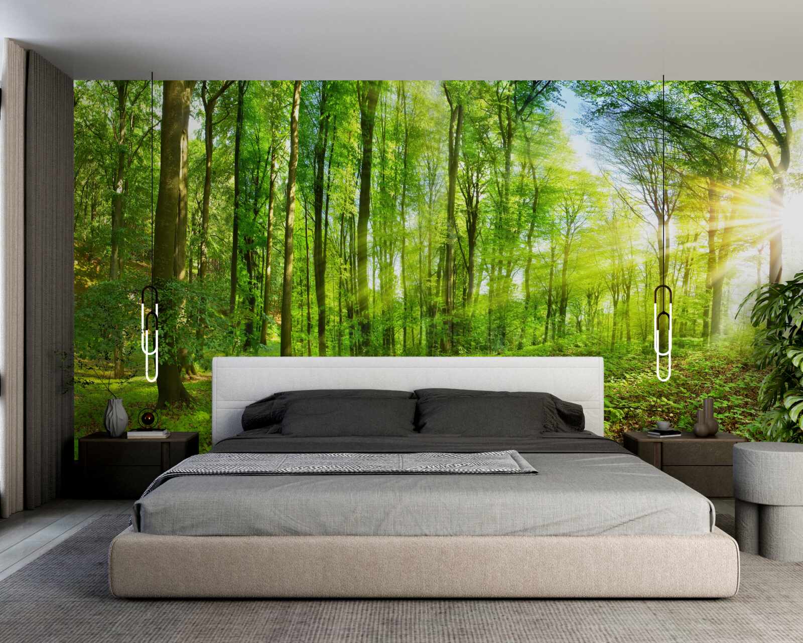 Fototapet Zori într-o pădure unde domnesc frunzele verzi