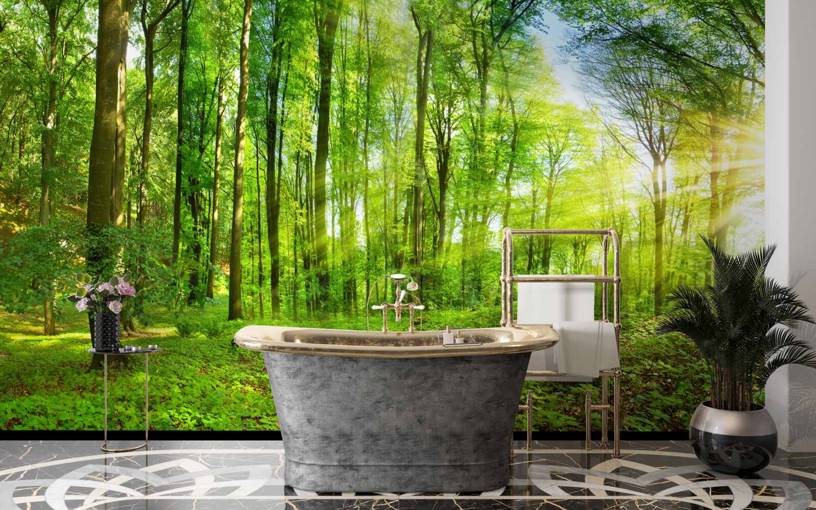 Fototapet Zori într-o pădure unde domnesc frunzele verzi