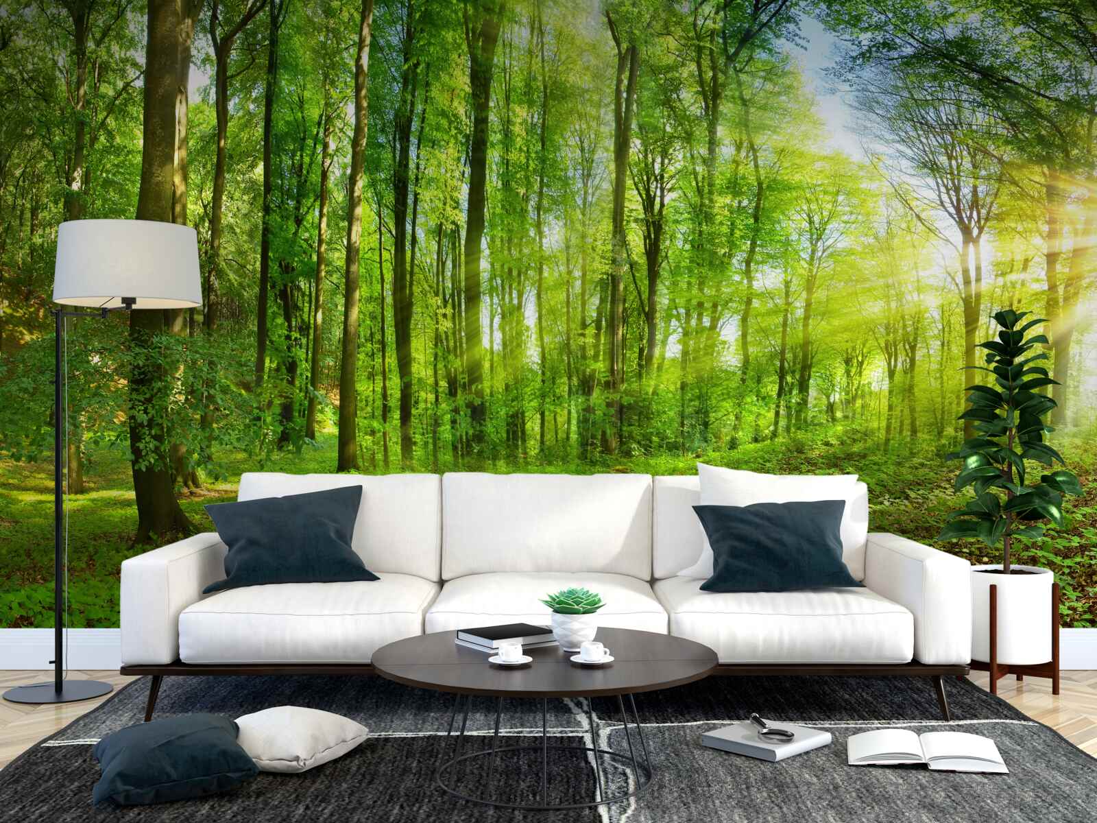 Fototapet Zori într-o pădure unde domnesc frunzele verzi