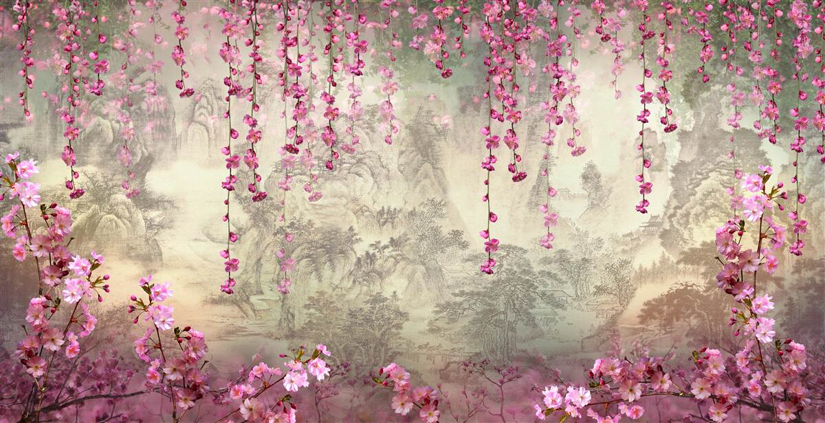 Fototapet flori roz care cad în apă de sus în jos